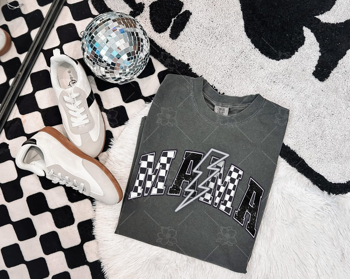 Mama neon bolt checkered graphic- Multiple Styles