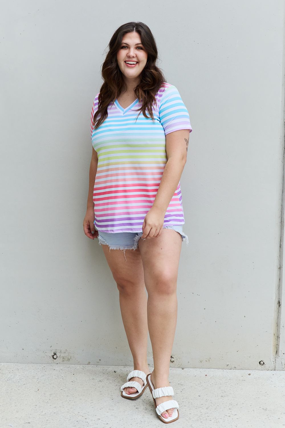 Heimish Out And Proud Full Size Multicolored Striped V-Neck Short Sleeve Top