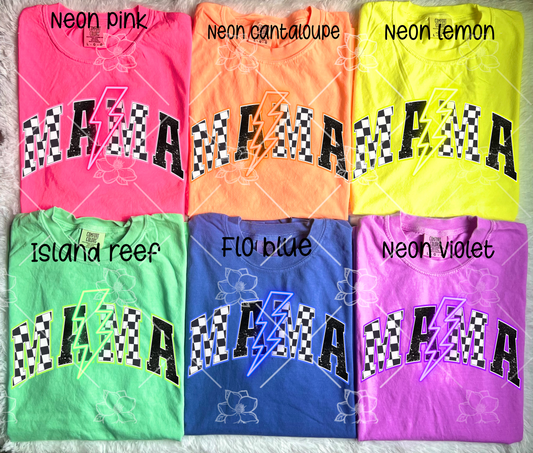 Mama neon bolt checkered graphic- Multiple Styles